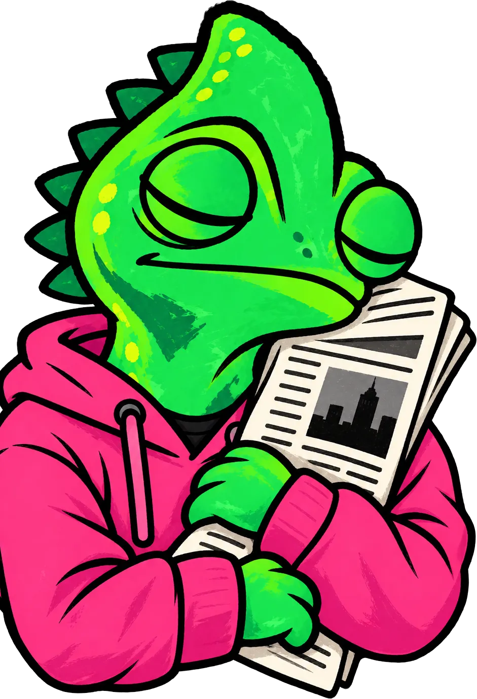 The chameleon asleep on a newspaper
